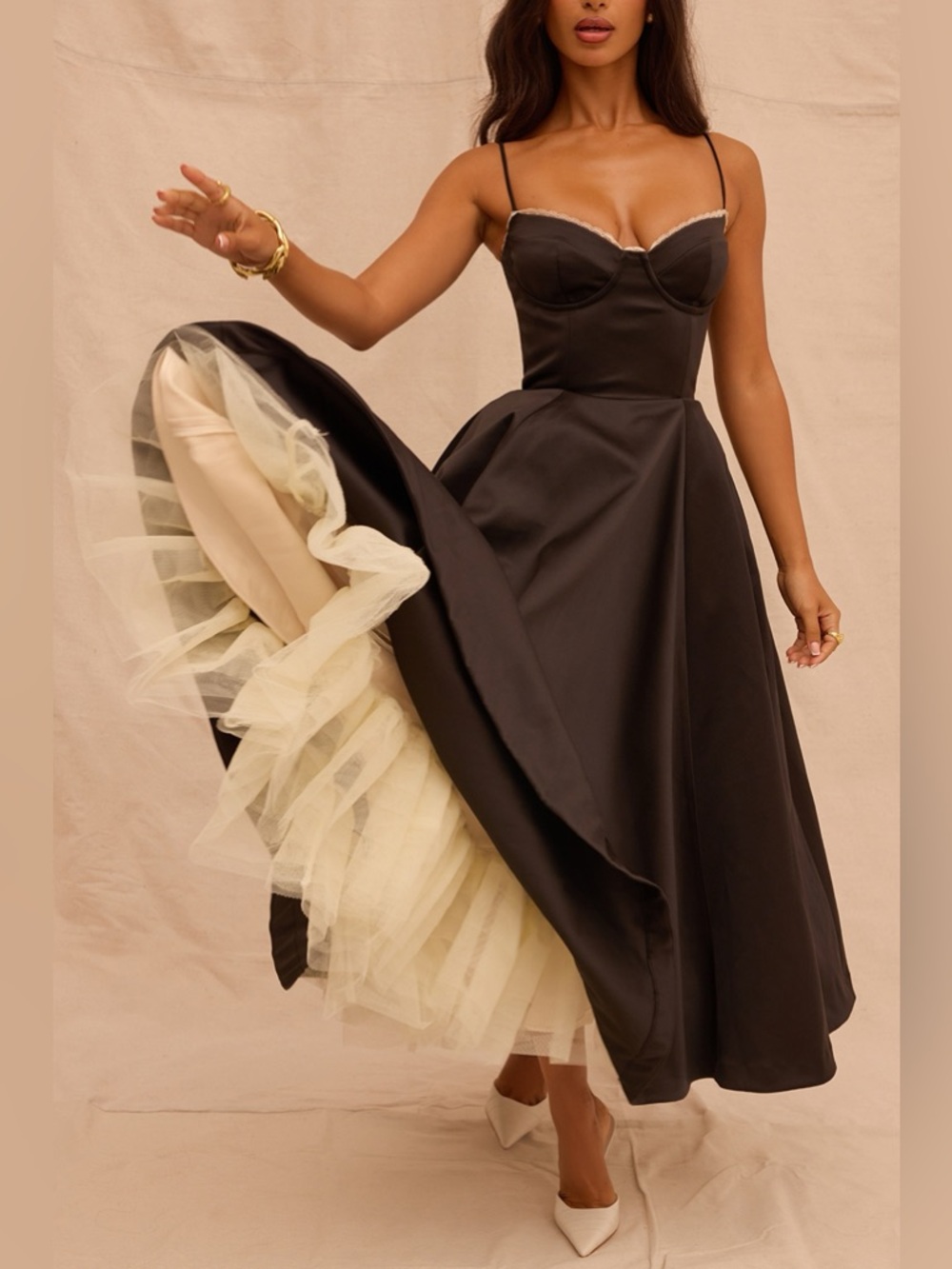 Function & Fringe | Elegant Black Satin Gown with Cream Tulle - Picture 2 of 10